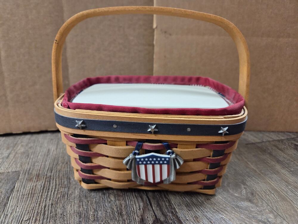 Longaberger "Proudly American" "Old Glory" Tea Basket Set Liner Tie On Box set